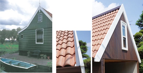 <p>画像（左：参考にした写真、中央：雨の多い気候にあわせて工夫した樋、右：破風を強調した屋根のデザイン）</p>
