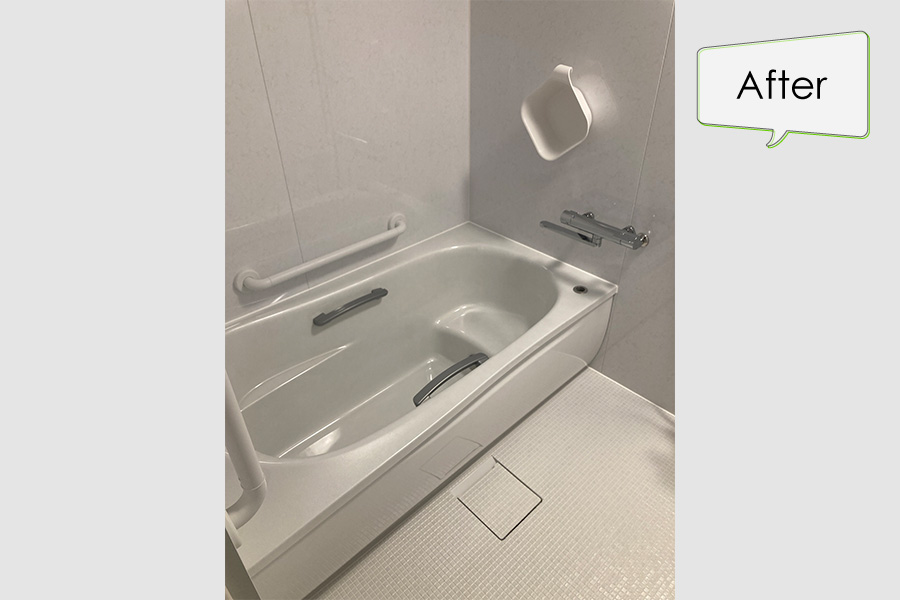 【施工後】浴室全体①　浴槽のまたぎが低くなりました。>