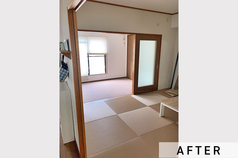 施工後の和室。壁を一部解体して引き戸に。床もモダンな半畳畳へ変更しました。>