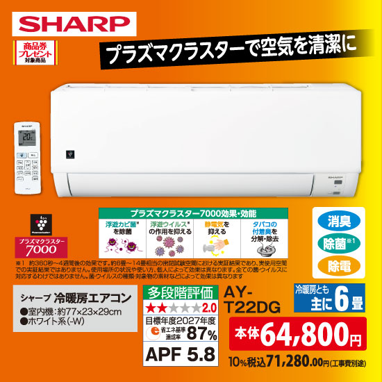 シャープ 冷暖房エアコン AY-T22DG（6畳用）